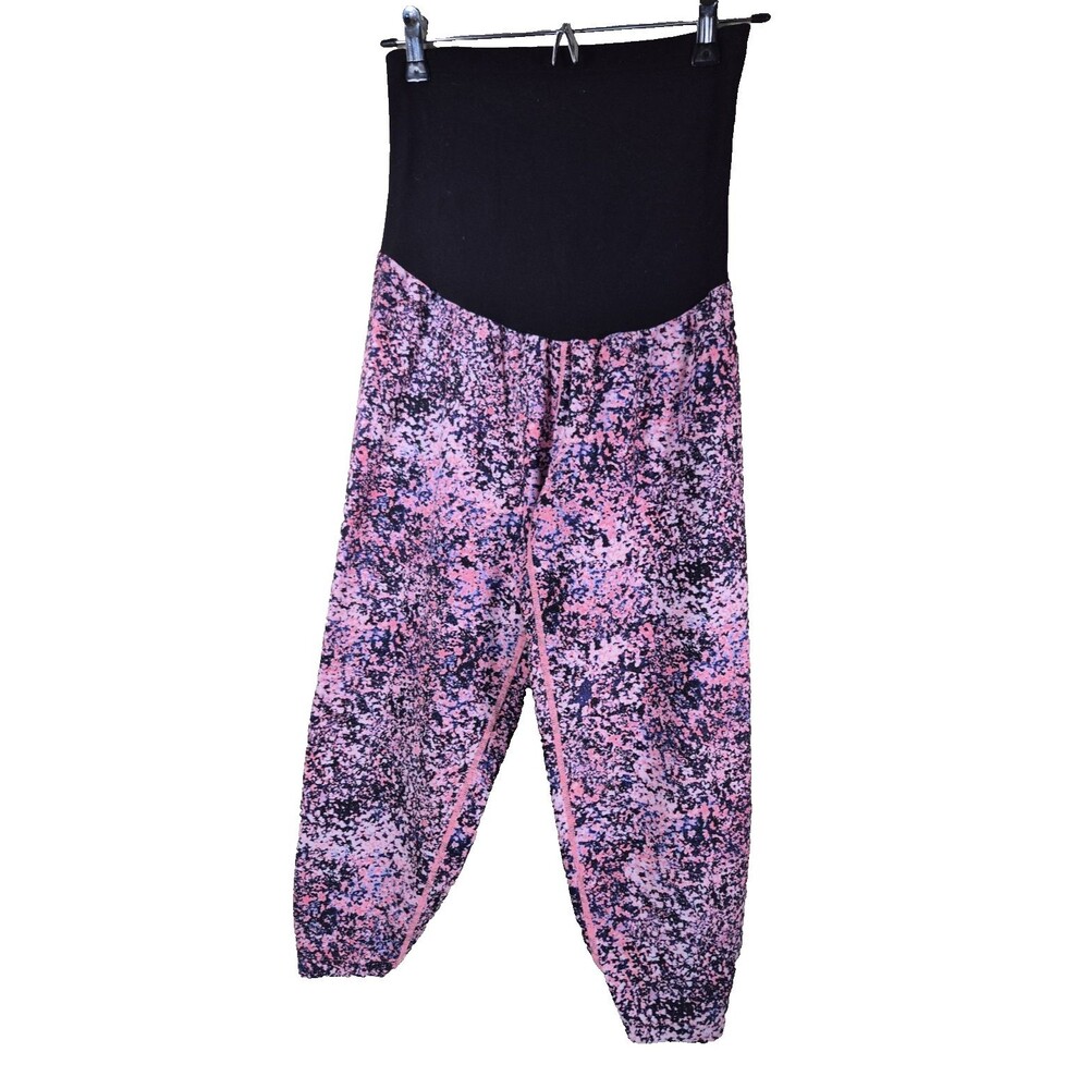 Motherhood Maternity Cropped Leggings Black Pink Purple Splatter Full Panel M